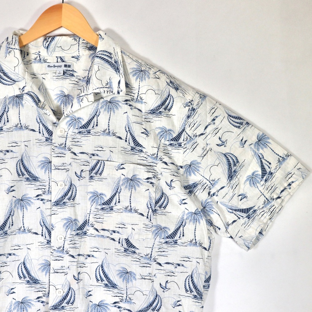 Reyn Spooner Uniqlo Hawaiian Shirt Mens L White Blue Sailboat Nautical Cotton